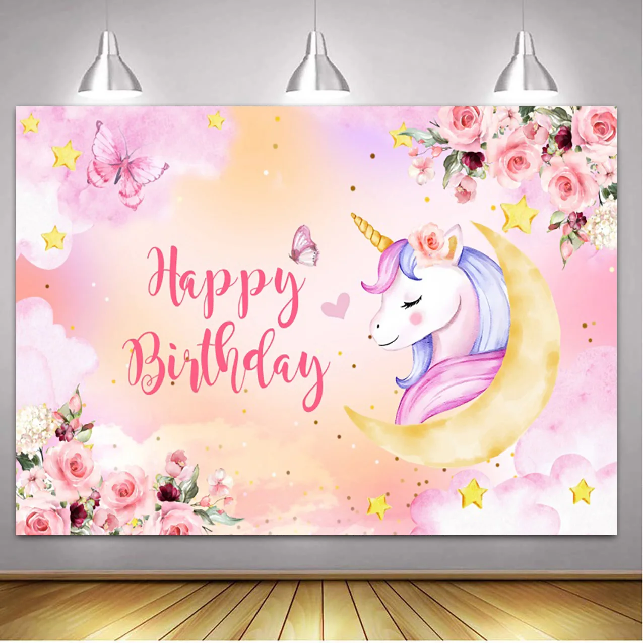 Rainbow Unicorn Backdrop Happy Birthday Party Decorations for Girls Watercolor Floral Glitter Stars Photography Background