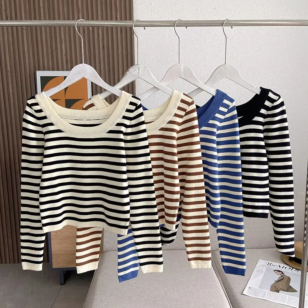 

Новинка осени: Женский приталенный вязаный свитер с круглым вырезом и длинными рукавами, в полоску, модный, универсальный, простой дизайн