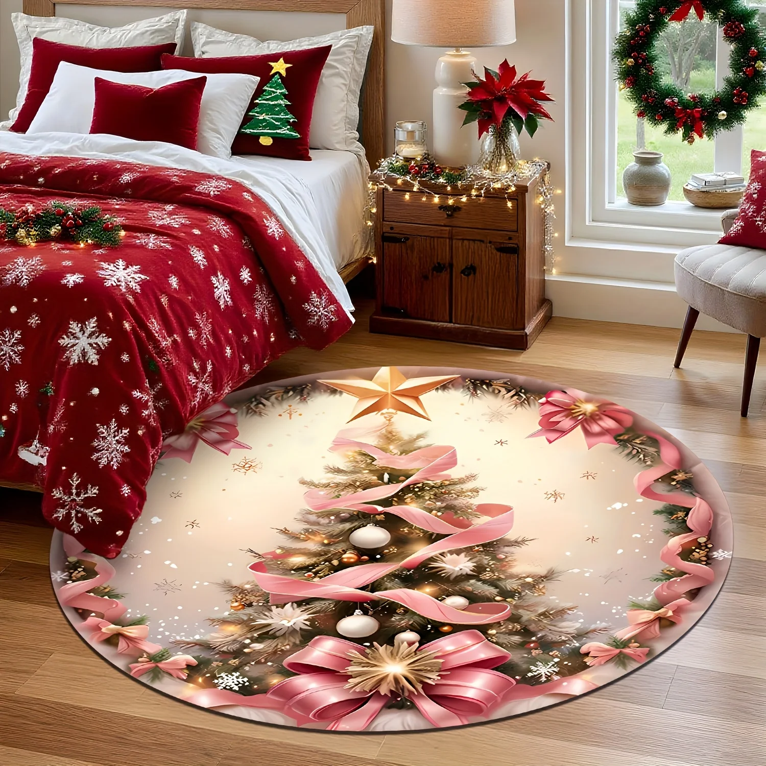 1pc Christmas Tree Pattern Round Area Rug, Indoor & Outdoor Comfortable Floor Mat for Kitchen, Home, Office, Laundry Room