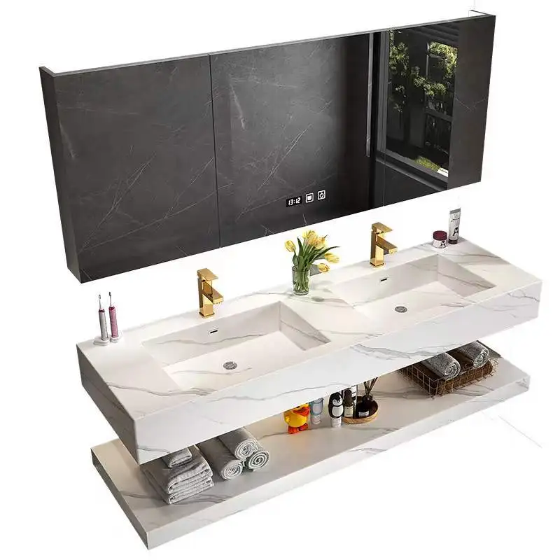 Modern light luxury rock slab integrated double basin bathroom cabinet combined toilet