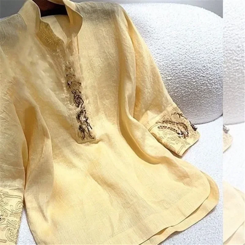 

2025 New Spring Luxury Embroidery Yellow Blouse Women Chinese Style Stand Collar Long Sleeve Female Shirt Fashion Womens Tops