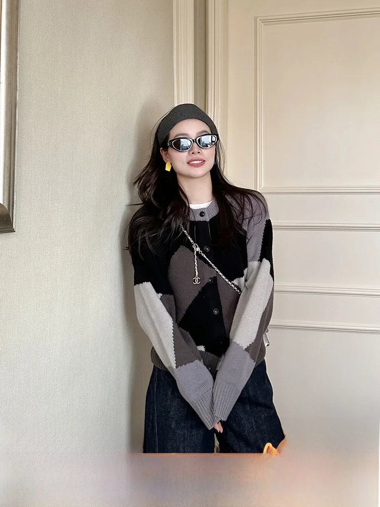 

Золотой Su, один год, круглый 5, геометрический узор 00, шерстяной вязаный кардиган, теплый корейский женский зимний свитер