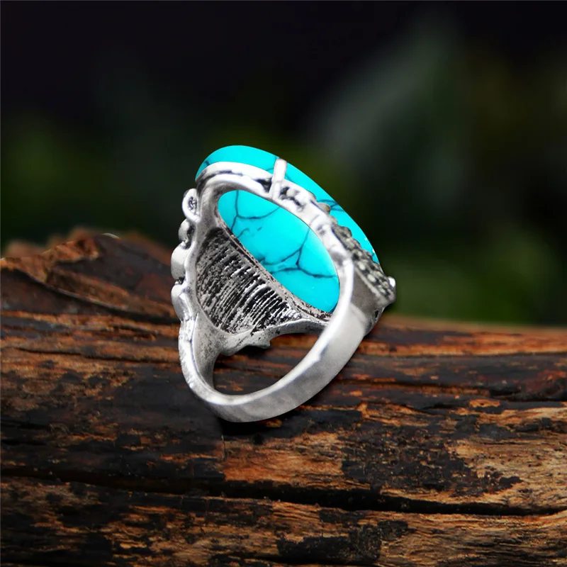 Vintage Eye Shape Syntetic Turquoises Rings For Women Real Antique Silver Plated 5 Colors Fashion Rhinestone Ring