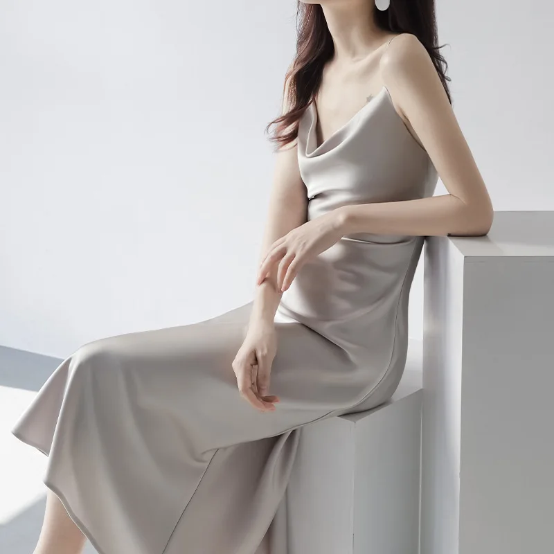 Satynowa sukienka z kołnierzykiem i szelkami damska 2025 letnia sukienka z wąską talią