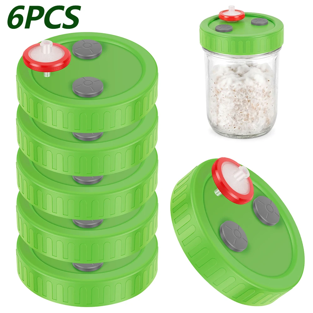6Pcs Wide Mouth 86mm Mason Jar Plastic Mushroom Cultivation Lid with 0.22μm PTFE Filter and Rubber Stopper Liquid Culture Lids