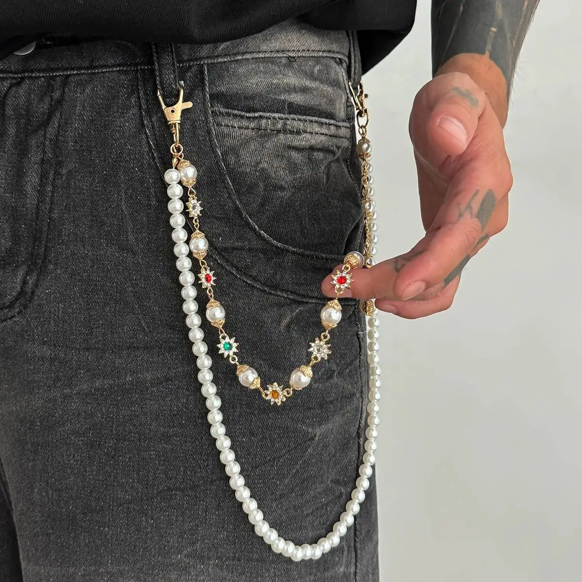 Salircon Luxus Strass Imitation Perle Schlüsselbund Brieftasche Gürtel Kette Frauen Männer Punk Hosen Hipster Hose Kette HipHop Schmuck
