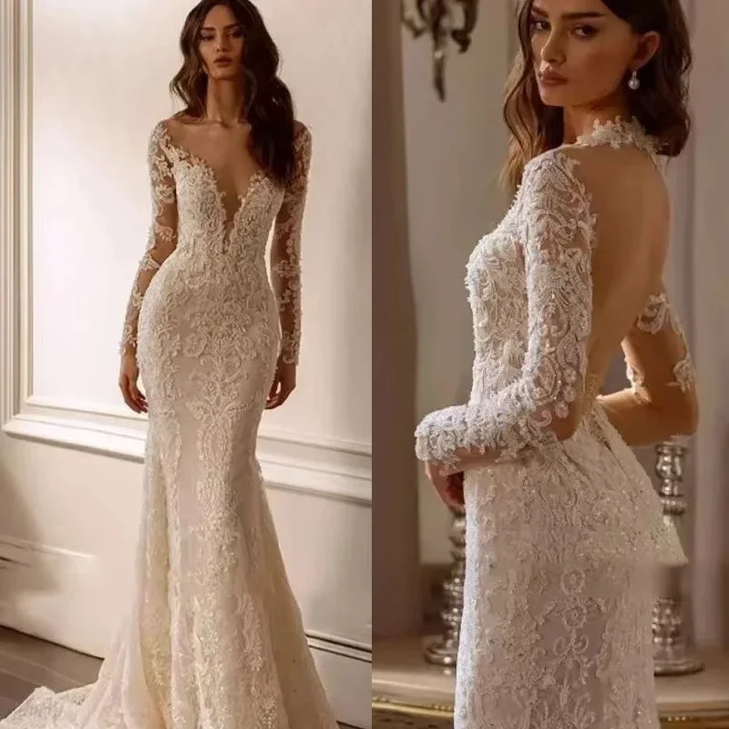 Onelife personalización Sexy vestido De novia sin espalda cariño manga larga sirena Vestidos De novia pegatinas De encaje Vestidos De novia