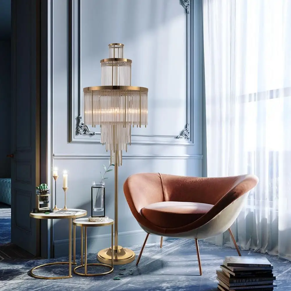 قطرة المطر الكريستال والزجاج عاكس الضوء النحاس العمودي مصباح مكتبي مصباح أرضي غرفة المعيشة