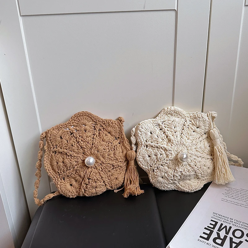 Crochet Bag Women Semicircle Woven Crossbody Bag Handmade Rattan Shoulder Bag Boho Style Seaside Holiday Purse with Pearl Detail