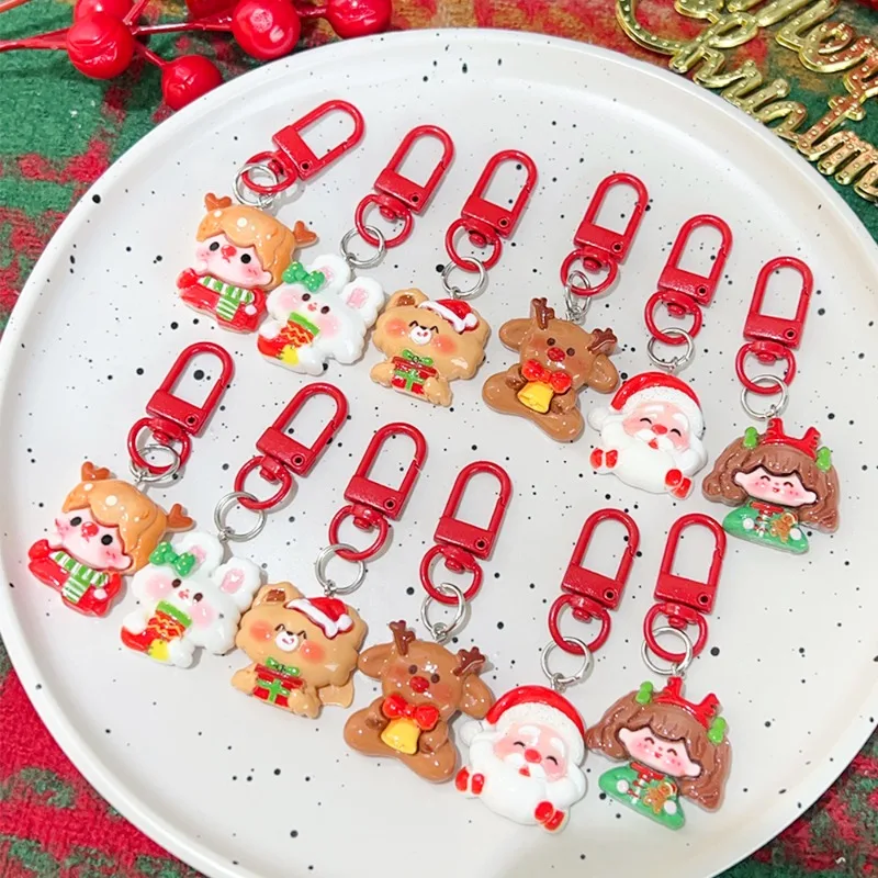 6pcs Cartoon Christmas Resin KeyChains DIY Pendant Key Ring Santa Claus Rabbit Bear Keychain Boy Girls Backpack Christmas Gifts