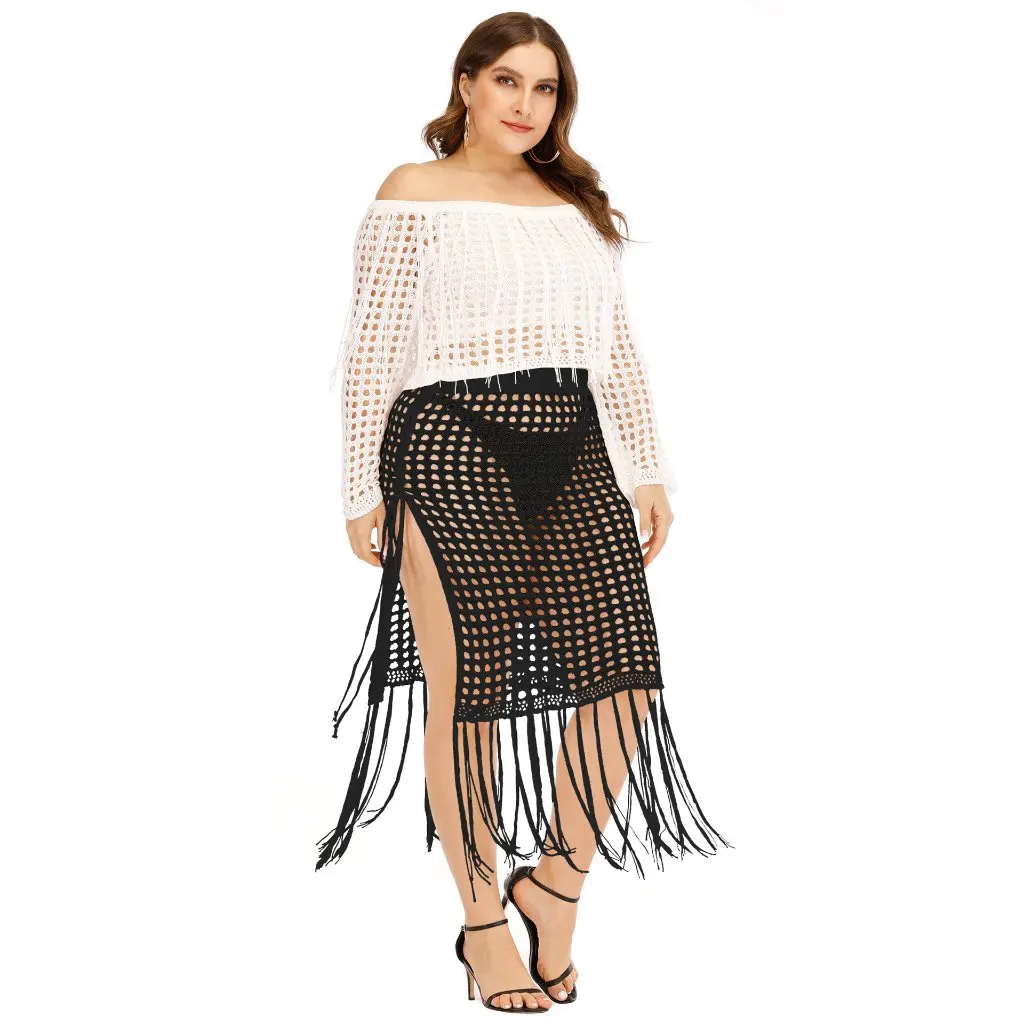 

Large Size Women's Lace-Up Long Tassel Stitching Knitted Beach Skirt Sexy Hollow Perspective Dress F190664