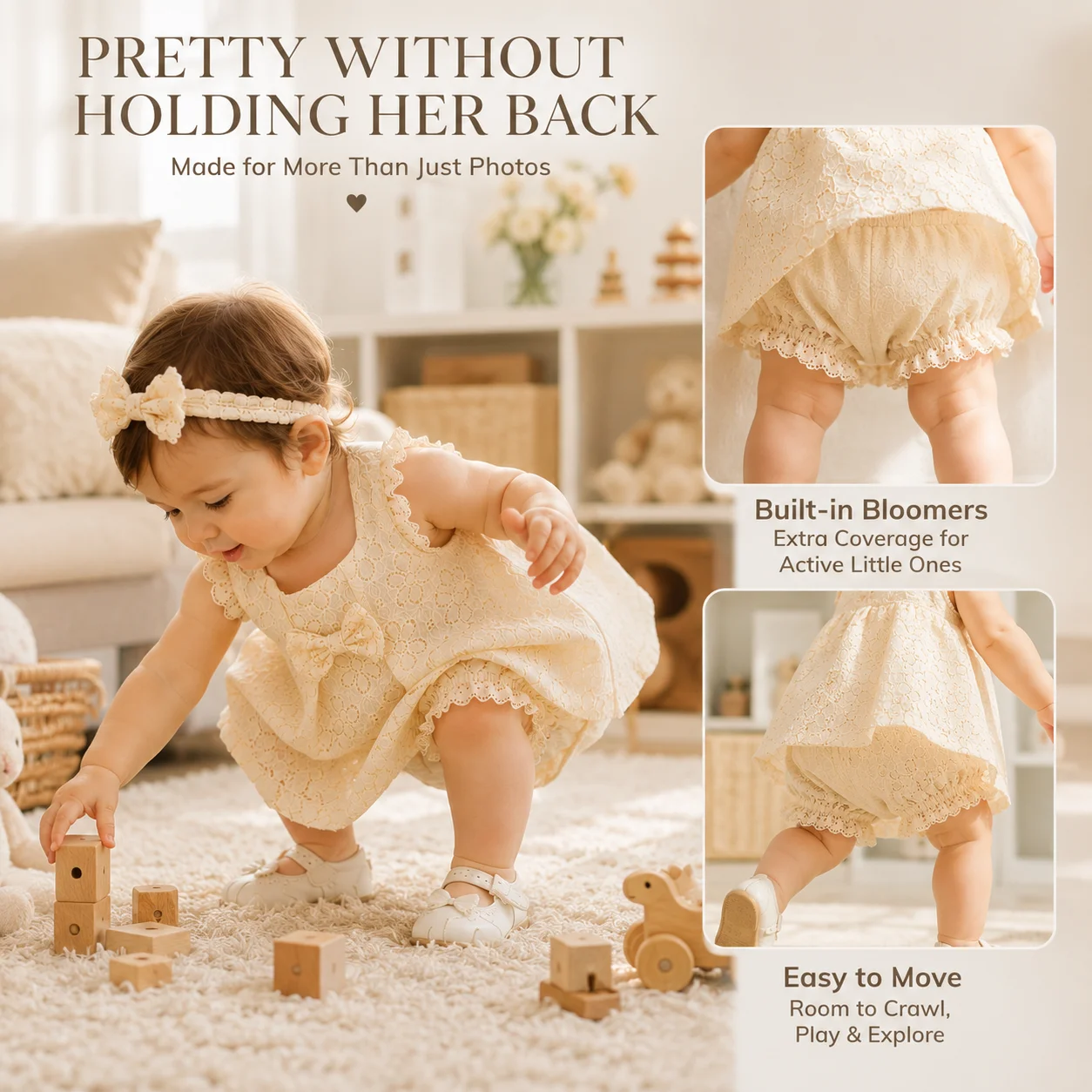 Baby Girl Clothes 3Pcs Lace Dress Bloomers Headband Floral Ruffle Sleeveless Summer Outfit Birthday Party Newborn Infant Set