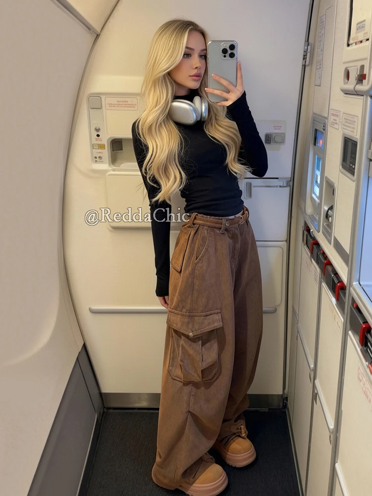 REDDACHiC Vintage Brown Corduroy Trousers Multi-pocket Loose Casual Pleated Wide Leg Cargo Pants New In Autumn Woman Clothes
