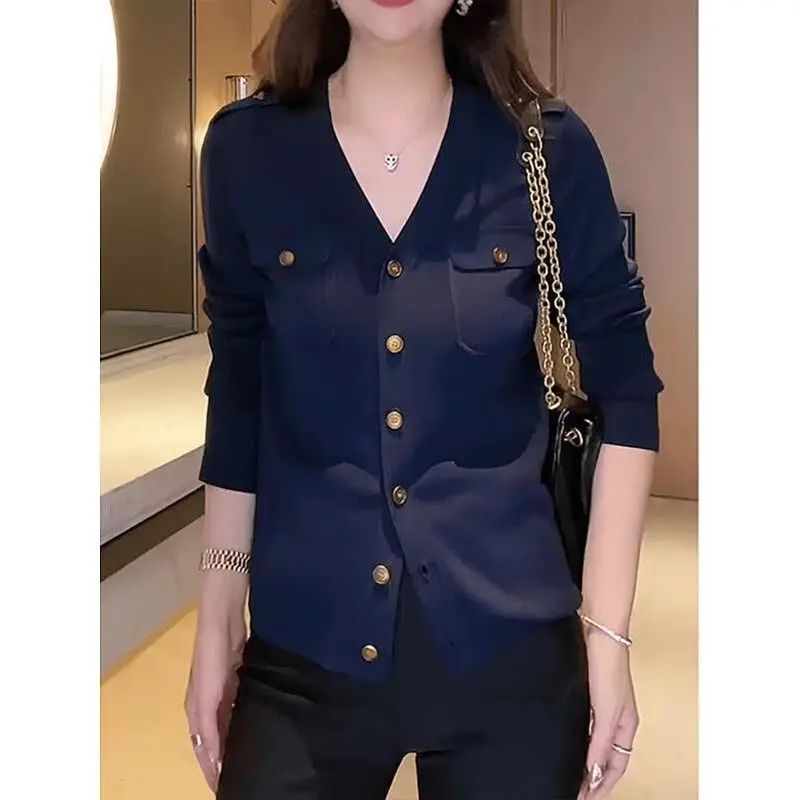 

Вязаный кардиган с v-образным вырезом и длинными рукавами для женщин с высококачественным однобортным темпераментным облегающим свитером для поездок на работу