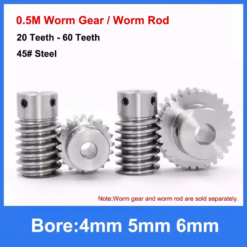 

1Pcs 45# Steel 0.5M 20T-60T Worm Gear Wheel Worm Rod 0.5 Modulus 20 Teeth-60 Teeth Worm Gear Bore 4mm 5mm 6mm