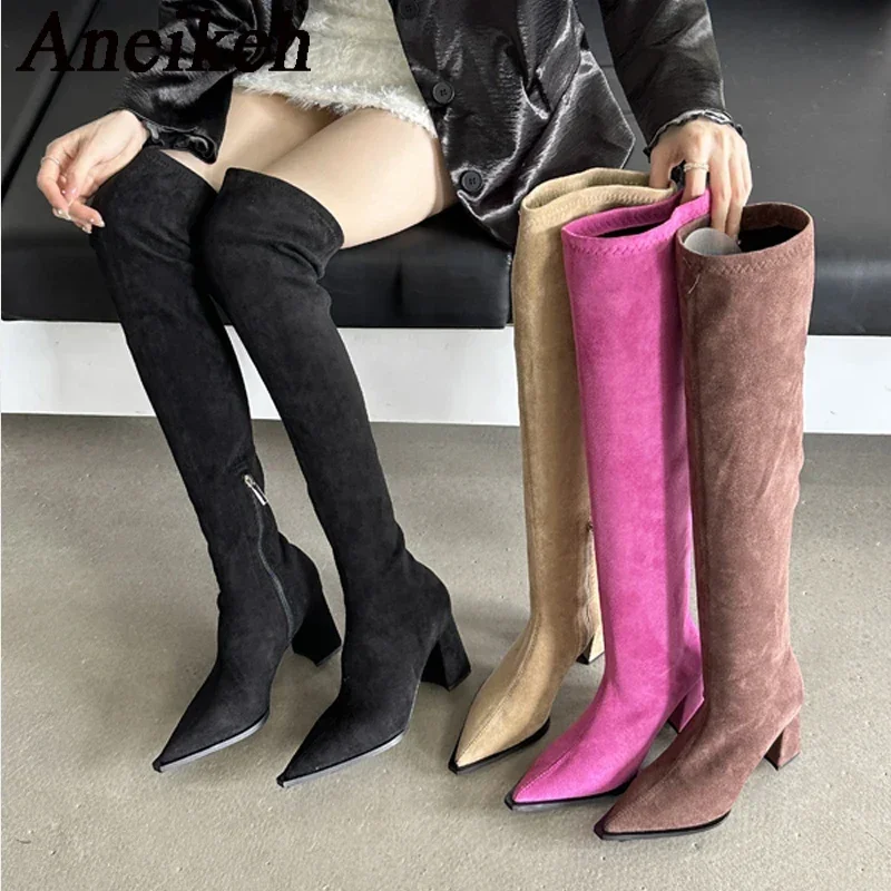 Aneikeh 2024 NUOVO Flock Autunno Stivali Solid Scarpe da donna Punta a punta Cucito Per il tempo libero Stivali sopra il ginocchio da donna Tacco quadrato ZIP Nero