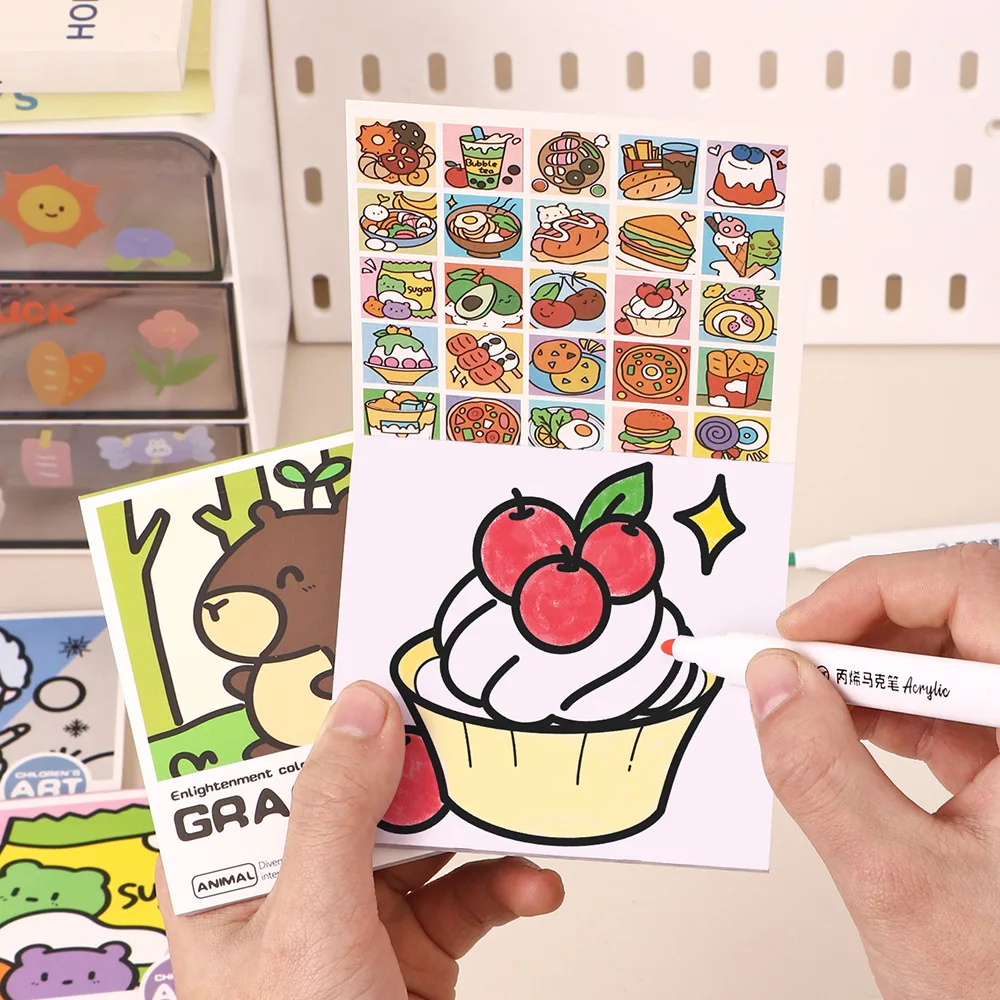 25 Sheets Cartoon Convenient Coloring Book, mini Watercolor Coloring Book, Student Decompression Drawing Album
