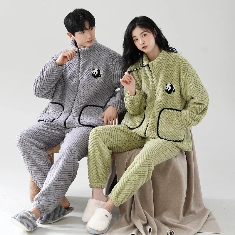 Panda Cute Coral Fleece Pajama Set for Couples Winter Warm Zipper Home Clothes Women and Men Matching Pijamas pyjama homme hiver