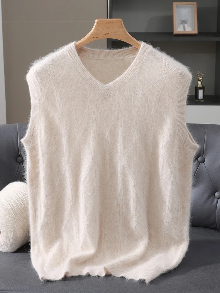 TLOML New Men's 100% Mink Cashmere Vest V-Neck Solid Cable Knit Pullover Casual Soft Autumn Winter Mink Cashmere Sleeveless Tops