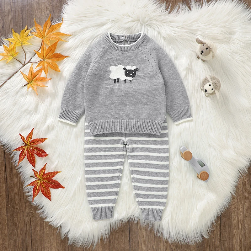 Baby Clothes Set Knit Kids Pullover Cute Sheep+Trousers Warm 2PC Infant Gril Boy Sweater Long Sleeve +Pants Fashion Striped Fall