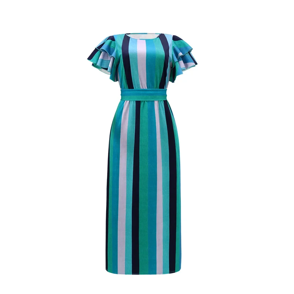 2025 Spring Summer New Women's Tie-front Slim-fitting Striped Retro Long Dress Casual Streetwear Boho Beach