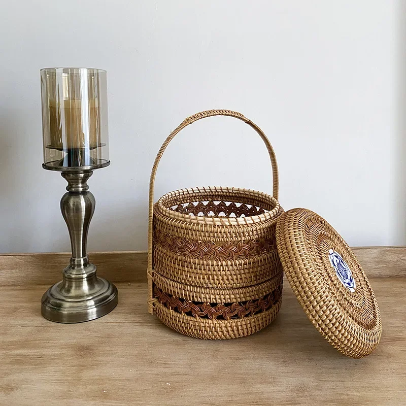 Rattan double-layer food box desktop coffee table sundries snacks dried fruit teacup tea storage basket