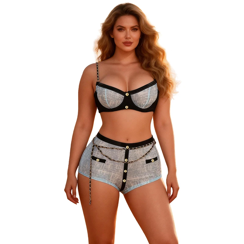 

Comeondear Summer New Women Sexy Lingerie Set Blue Underwire Bra with Chain Straps Metal Waist Belt Adjustable Push Up Bralette