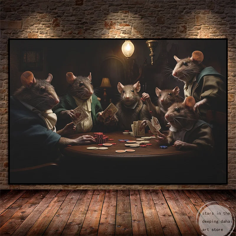 Funny Rats Playing Poker on The Table Casino Humorous Animal Art Poster Canvas Painting Wall Prints Picture for Room Home Decor