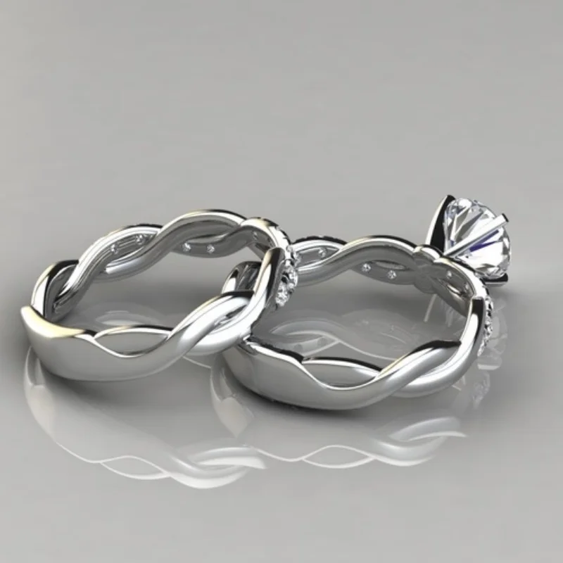 

Female Round Zircon Bridal Sets Silver Gold Color White Crystal Stone Crossed Wedding Bands Promise Engagement Rings For Women