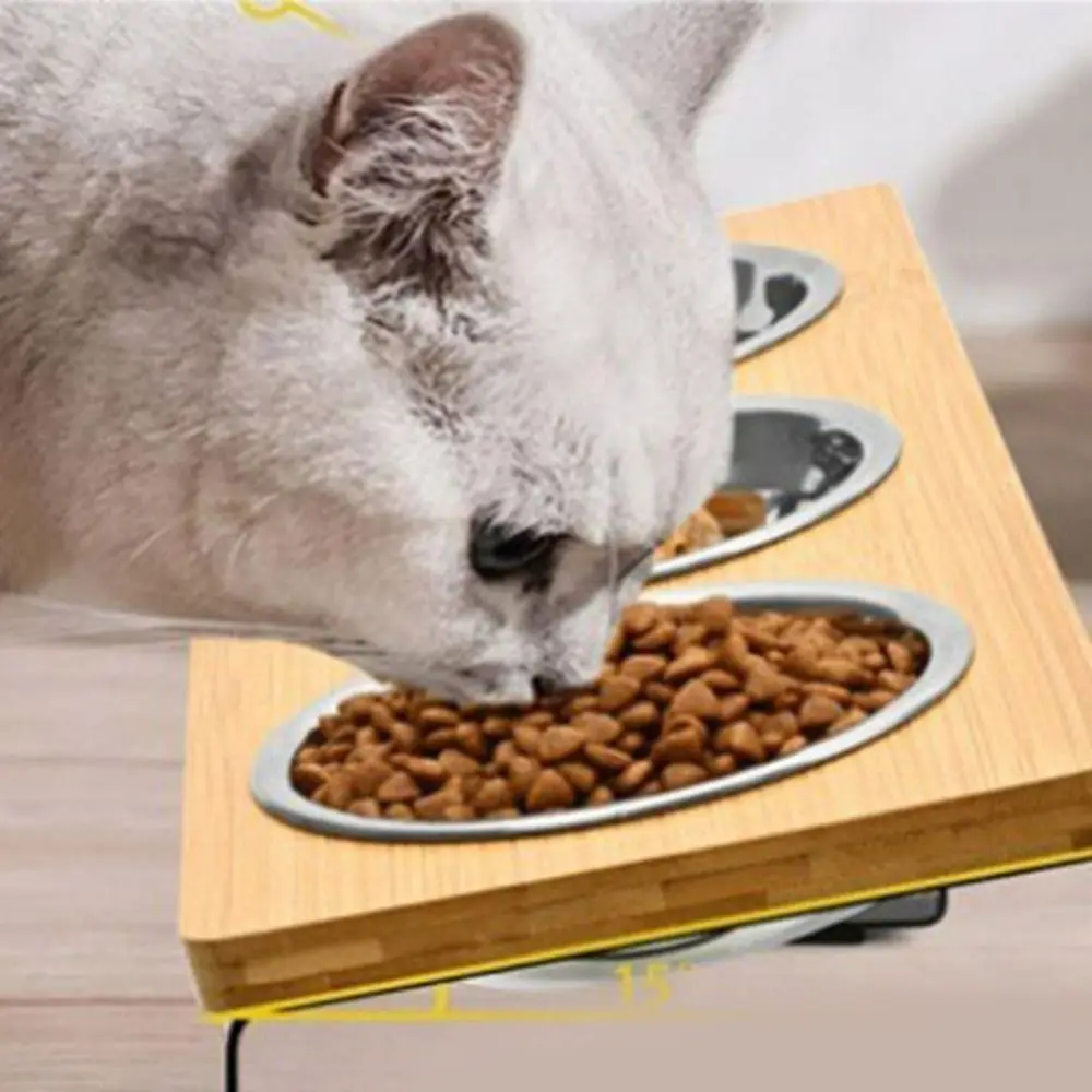 

Non Slip Wood Cat Bowl Stand Anti-Vomiting Anti-Leak Elevated Pet Bowls with 3 Bowls Raised Cat Food Feeder Dry/Wet Food