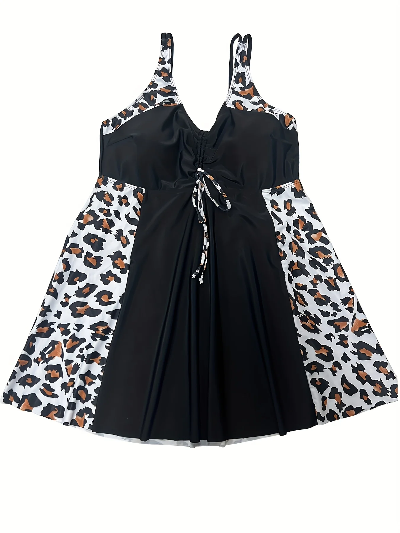 2026 Neues Badekleid in Übergröße mit schwarzem und Leopardenmuster – Neckholder-Design mit V-Ausschnitt, gerüschte Brust mit Schleifendetail, Rock mit Kontrastmuster,
