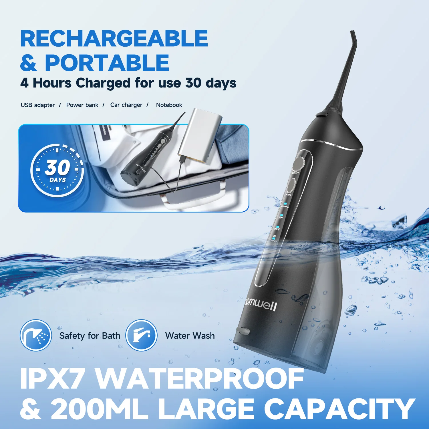Mornwell-irrigador Oral portátil F18, irrigador de agua recargable por USB, 4 boquillas, chorro de agua limpia Dental, tanque de agua de 200ml, resistente al agua