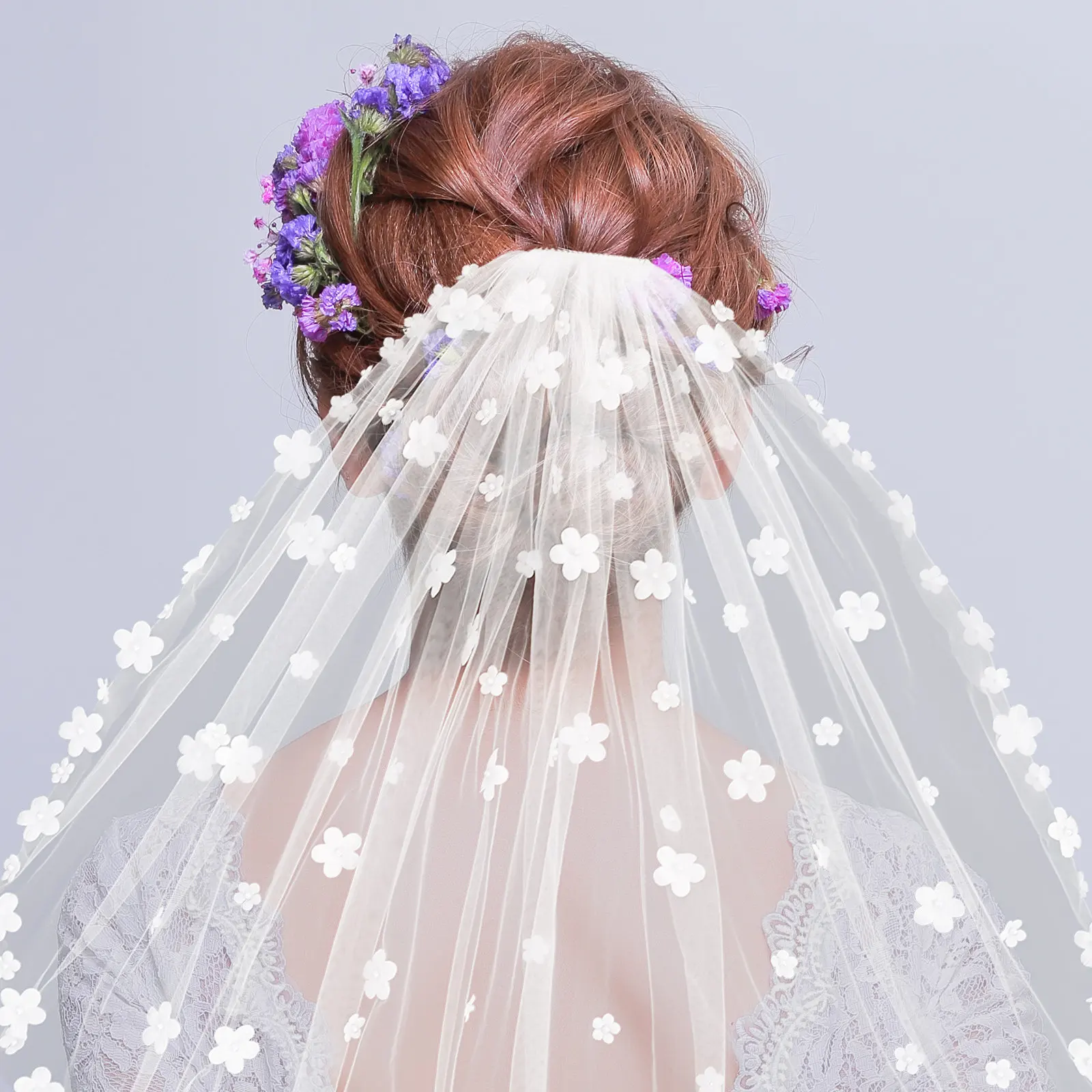 

Short Tulle Bridal Veil Flower Accents Single Layer Lightweight Romantic Wedding Dress Accessory Flowers Bridal Veil