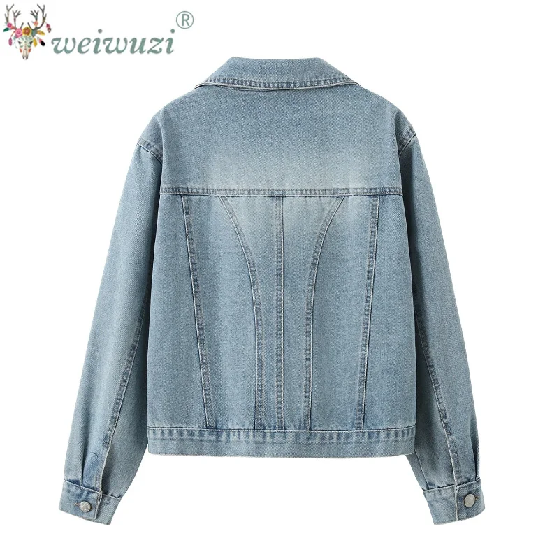 Elegant High‑End Feeling Women Denim Coat Light Wash Lapel Collar Letter Embroidery Loose Cropped Jean Jacket with Flap Pockets