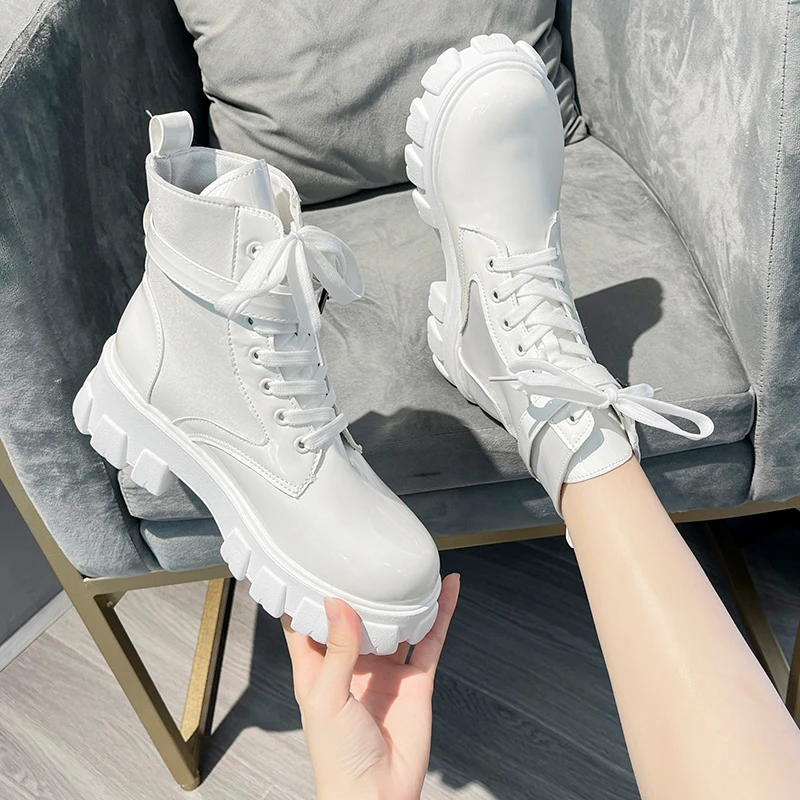 

Women's Chunky Platform Ankle Boots Shoes Autumn Winter PU Leather Booties Punk Thick Bottom Motorcycle Women Boots Size 35-43