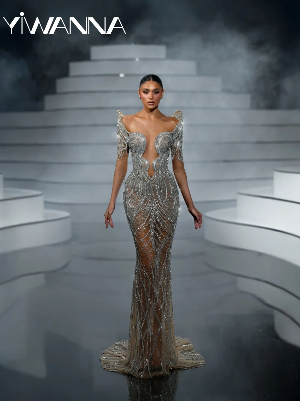 

New Silver Crystal Mermaid Evening Dress Glamorous Illusion Floor-length Wedding Party Gown Customized Stunning Prom Dresses