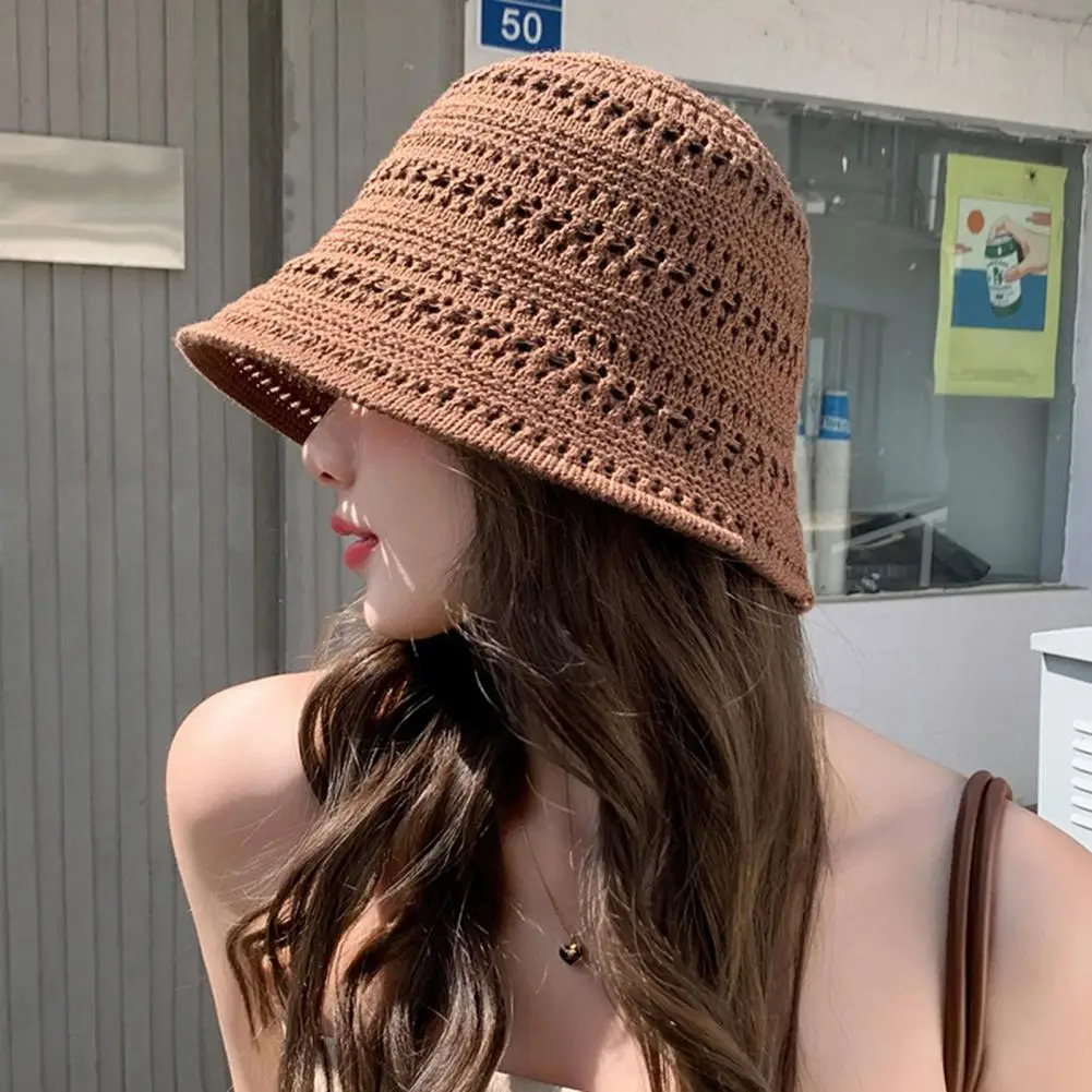 Summer Women Fisherman Hat Hollowed-Out Design Sun Protection Wide Brim Hat Solid Color V Protection Summer Beach Hat