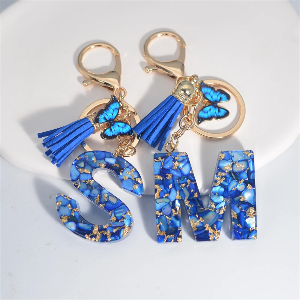 Exquisite Blue Glazed Stone A to Z Resin Keychain 26 Initials Butterfly Tassel Pendant Keyring for Women Men Car Key Holder Gift