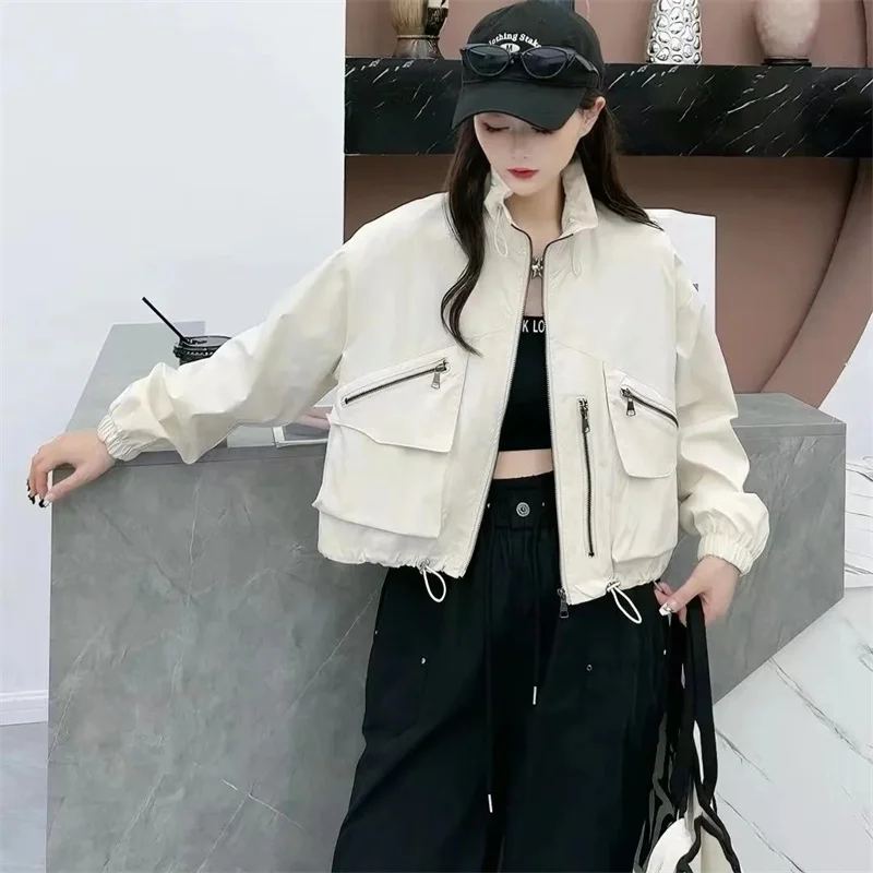 Wiosna Jesień Moda Damska Krótka Kurtka 2025 Nowa Damska Jednolita Luźna Kurtka Koreańska Damska Wypoczynkowa Odzież Wierzchnia z Długim Rękawem