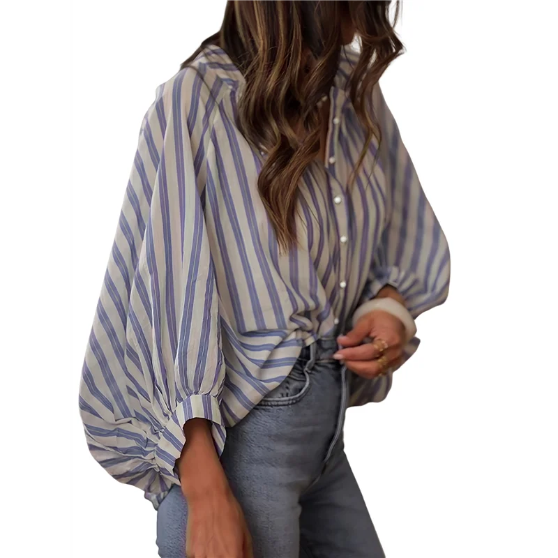 ASDS-chemisiers pour femmes chemises rayées à manches longues boutonné coupe ample hauts décontractés