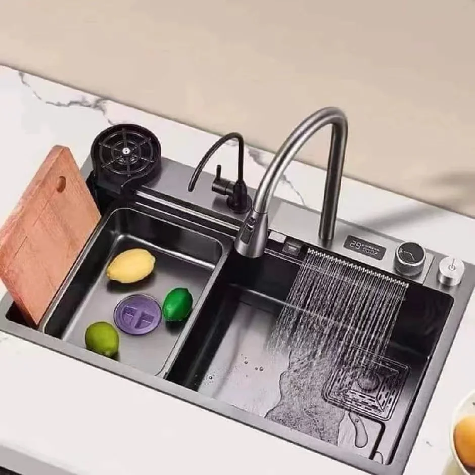

Sink,Factory Custom Luxury Smart Digital Display LED Single Bowl Kitchen Waterfall Stepped Nano Design Stainless Steel Valve Pul