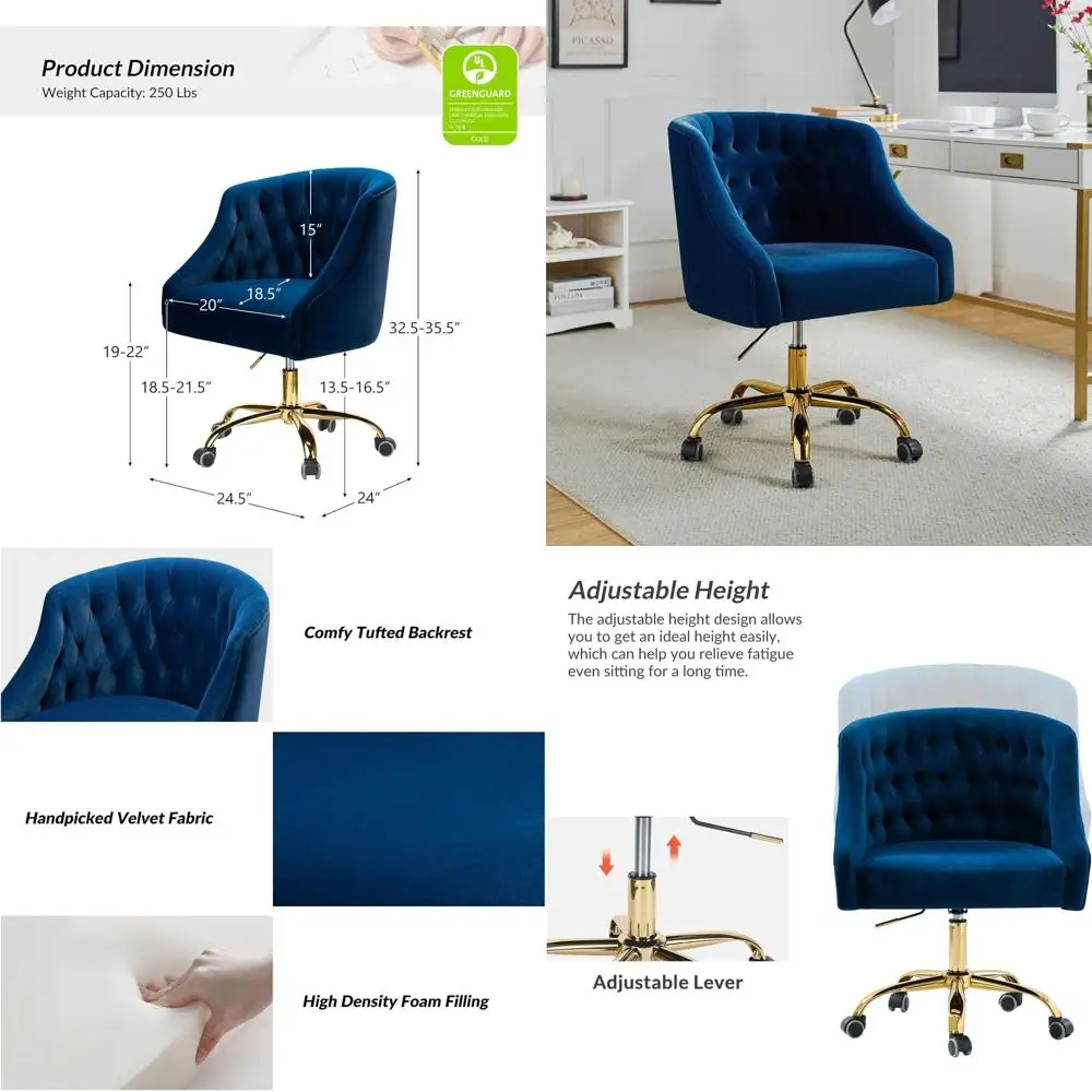

Navy Blue Velvet Office Chair with Gold Base, Comfortable and Cute Desk Chair, Adjustable Swivel for Task or Living Spaces
