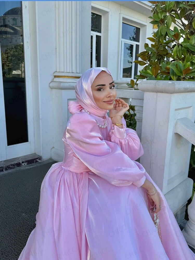 Vestidos de noite modestos hijab gola alta manga longa puff vestido de baile rosa vestido de festa de casamento convidado personalizado robes de soirée