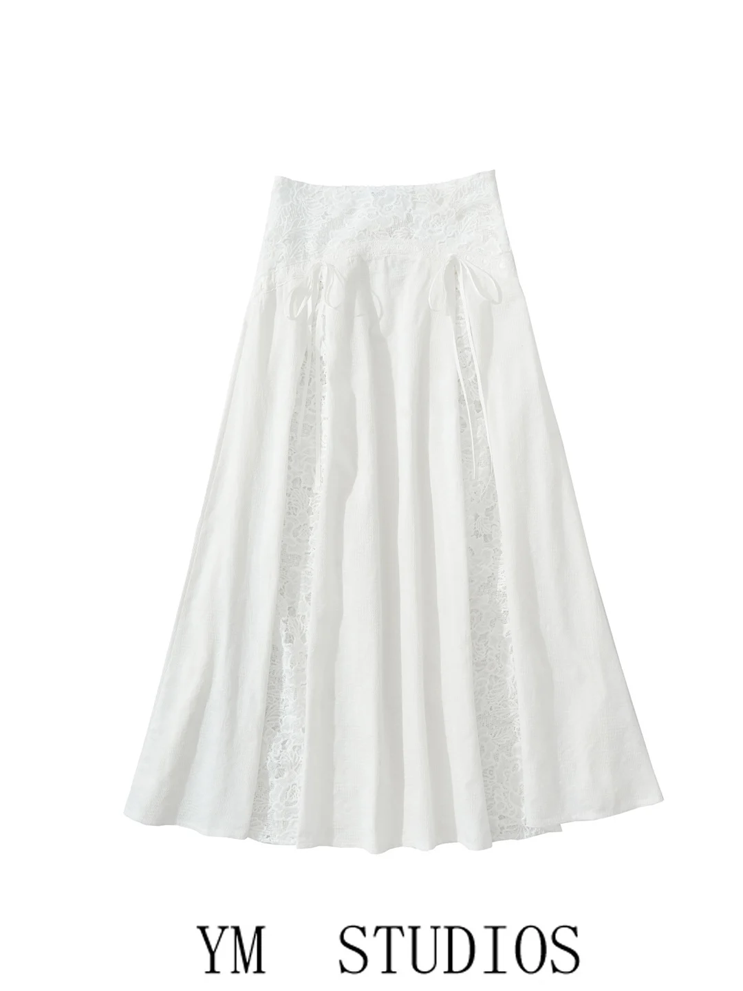 Elegant White Lace Splicing A-Line  Skirt Feminine Fairy Tale Style Long Skirt High Waist Cotton Gauze Spring Season