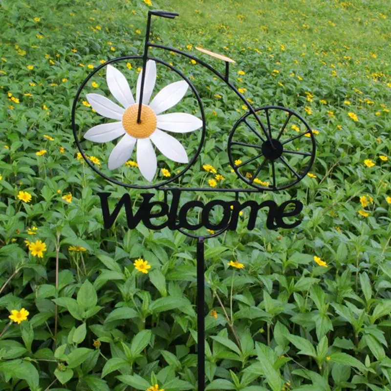 Outdoor Iron Sunflower Windmill Creative Garden Welcome Stake Ornament Bicycle Wind Spinners Garden Yard Lawn Windmill Decor