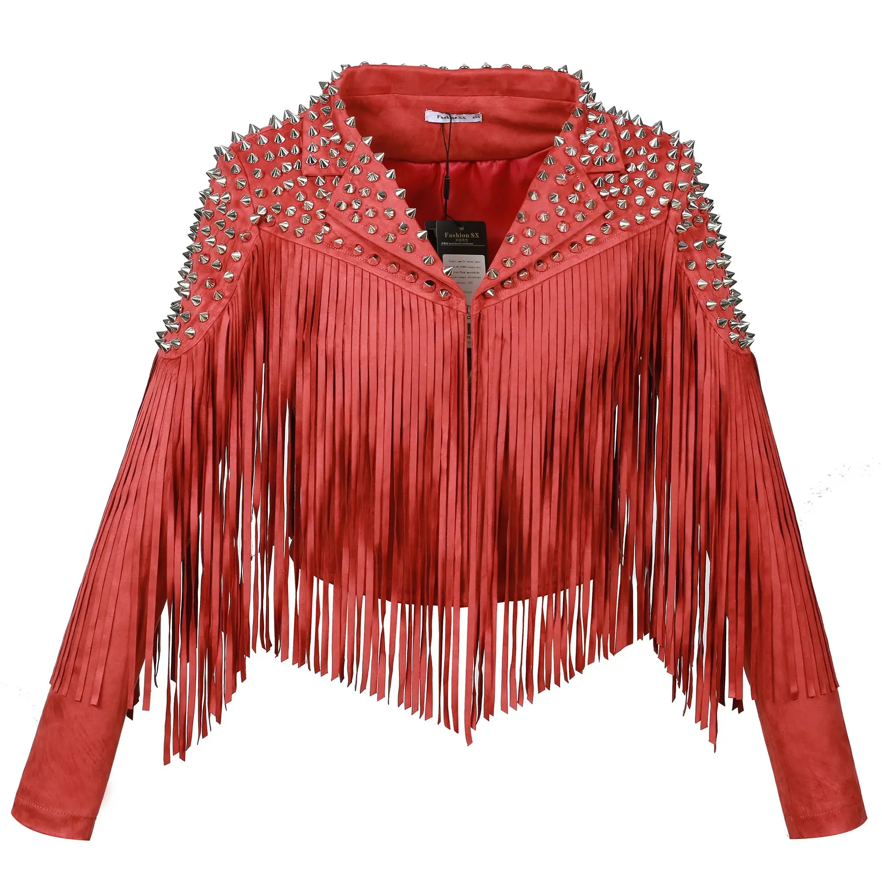 Nowe damskie kurtki z frędzlami ze sztucznej skóry zamszowej 2024 Vintage Lapel Fashion Studded Tassel Motorcycle Cropped Coats