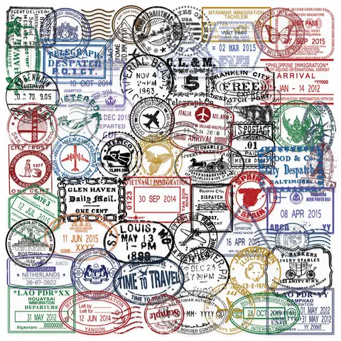 60pcs Vintage Passport Stamps Transparent Stickers Travel Decals For Phone Notebook Luggage Skateboard Guitar DIY Sticker Toy