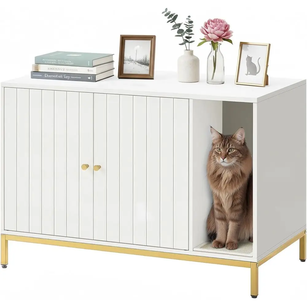 

Cat Litter Box Enclosure, Hidden Litter Box urniture with Scratch Pad, ront Entry, Double Cabinet Do, ern Style, 35.4" Cat House