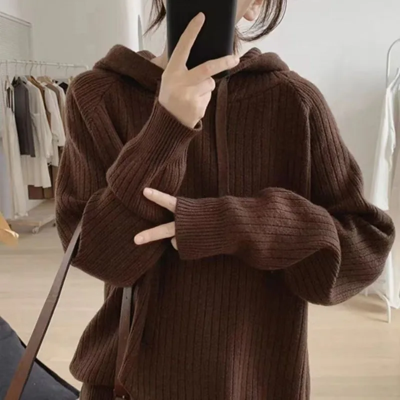 Women's Clothing Autumn Winter Solid Color Sweater Knitted Pullover Lantern Long Sleeve Hooded Casual Elegant Minimalist Tops