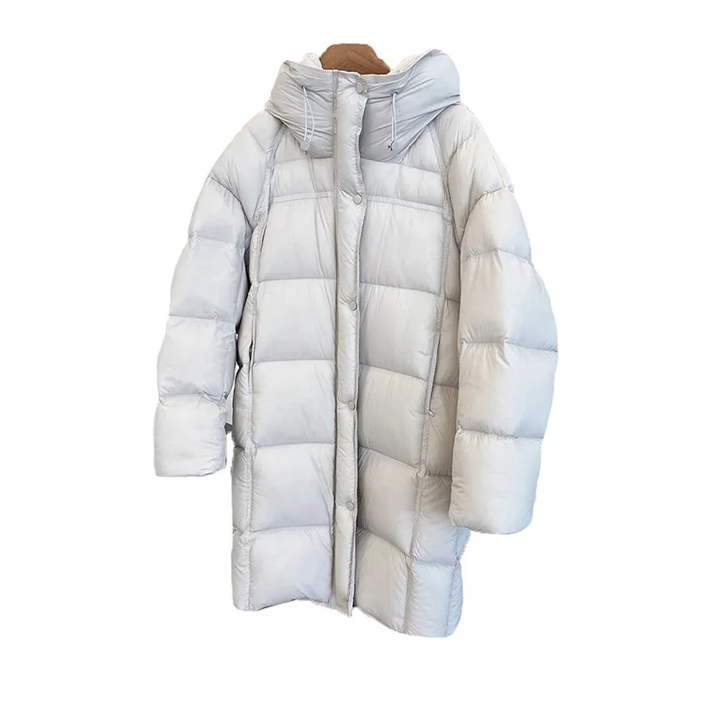 Umi mao grande colcha pato branco para baixo longo jaqueta feminina inverno nova moda puff sentir com capuz sobre o joelho jaqueta puff